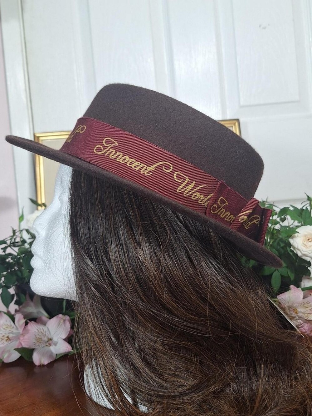 Innocent World Brown Felt Hat with Burgundy Bow | Classic Lolita